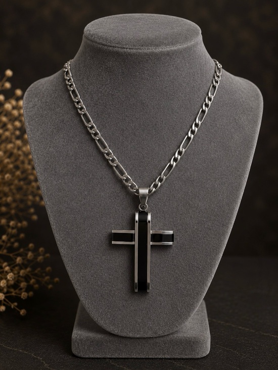Stainless Steel Other - Black Cross Pendant Necklace Stainless Steel 22" Figaro Chain